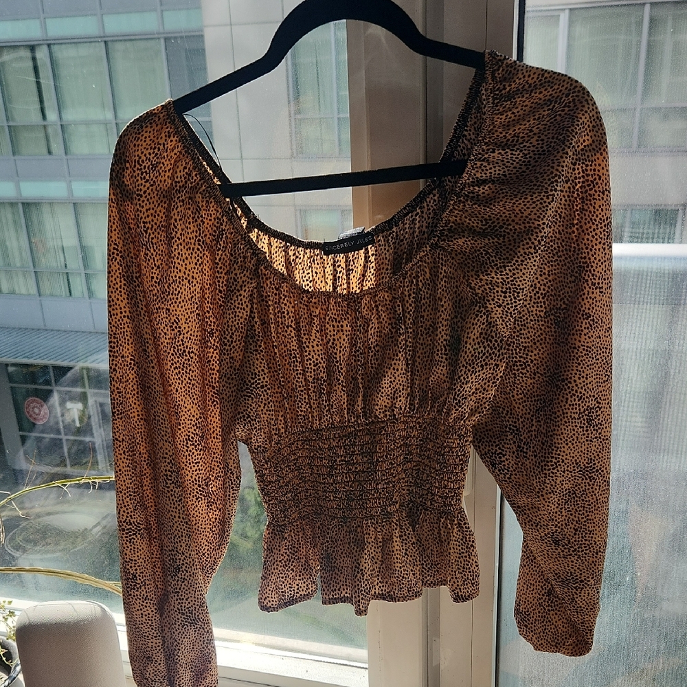 Sincerely Jules Brown Leopard Smocked Blouse
